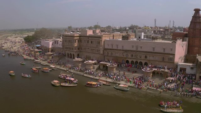  Huge Crowd Celebrating Holi Festival In Vrindavan, India,  4k Aerial Drone 