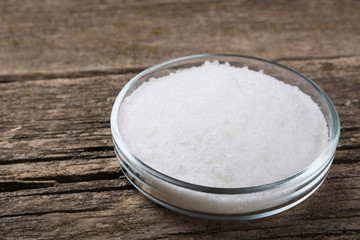 hydrogel in a glassware on a wooden board, close-up