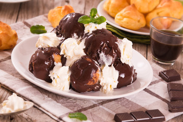 Chocolate profiteroles. 