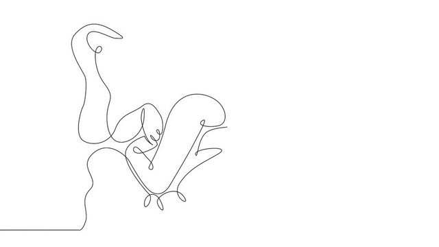 Self drawing simple animation of single continuous one line drawing bed, bedroom, morning, people, female, relax, couple, sleeping, sleep, bedtime . Drawing by hand, black lines on a white background.
