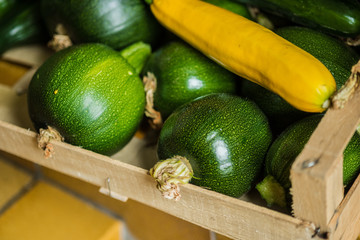 Many green healthy vegetables. Fresh zucchinis with great taste..Beautiful different vegetables varieties for a vegetarian food.