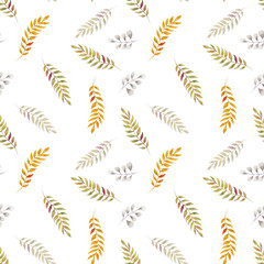watercolor leaves colorful on white seamless background, hand drawn illustration for use in design, paper, textiles, wallpaper, wedding invitations