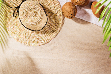 Sandy beach background top view with visible sand texture. Backdrop for mockups and advertising.