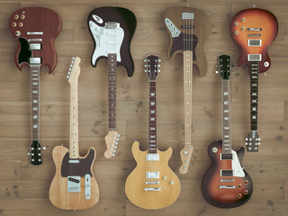 3d image render of a group of guitars on wooden floor
