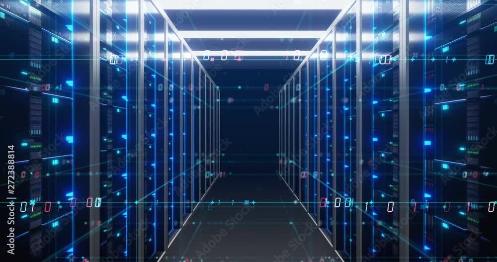 Poster fly through futuristic corridor of server room with digital element .4k