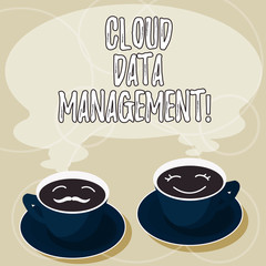 Conceptual hand writing showing Cloud Data Management. Business photo showcasing A technique to analysisage data across cloud platforms Cup Saucer for His and Hers Coffee Face icon with Steam