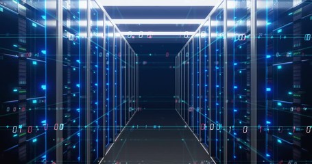 fly through futuristic Corridor of server room with digital element .4k - Powered by Adobe