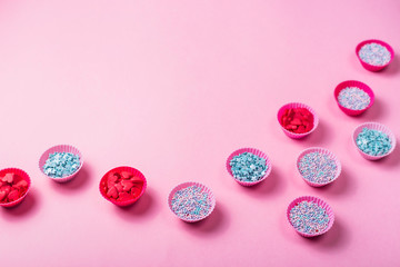 Bright beautiful colored ingredients and accessories for cooking desserts