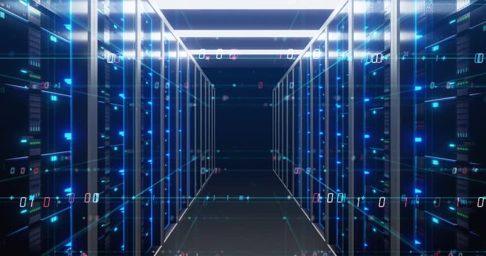 fly through futuristic Corridor of  server room with digital element .4k