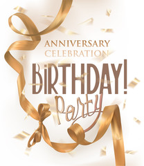 Birthday party banner with long curly golden ribbon. Vector illustration