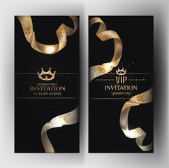 Elegant invitation cards with golden textured ribbons. Vector illustrtion
