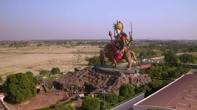Aerial view on Durga temple statue in Vrindavan, India  4k drone view
