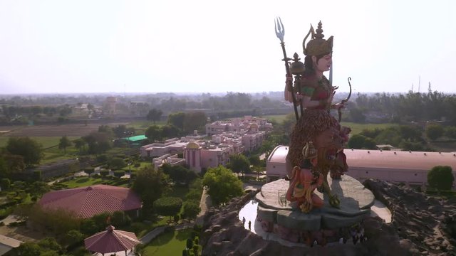 Aerial view on Durga temple statue in Vrindavan, India  4k drone view