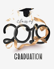 Graduation party invitation card with curly golden ribbon. Vector illustration