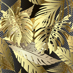 Gold 3d palm leaves vector seamless pattern. Tropical background. Ornate repeat grid lace floral backdrop. Leafy exotic 3d ornament. Tropic plants, leaves, branches. Surface textured modern design.