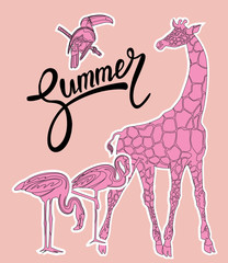 Tropical animals stickers. Summer background. Vector illustration