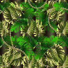 Ornate tropic leaves 3d vector seamless pattern. Lace ornamental jewelry background. Repeat leafy modern backdrop. Tropical plants, palm leaves. Exotic green floral ornament with gold beads, gemstones