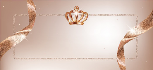 Elegant invitation beige card with sparkling ribbons and crown. Vector illustration