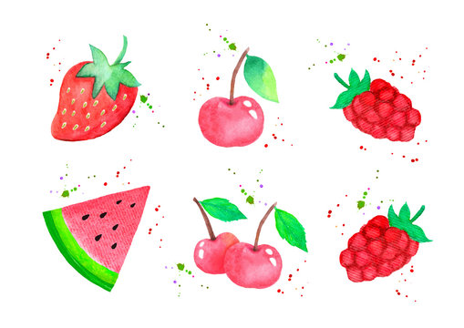 Set of colorful watercolor berries. Hand drawn illustration