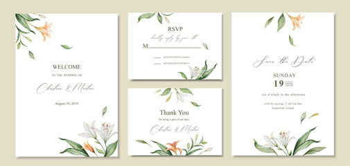 Fototapeta Watercolor vector set wedding invitation card template design with green leaves and flowers. obraz