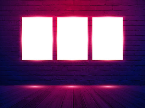 Vector Three poster mockup with on brick wall room background, neon light