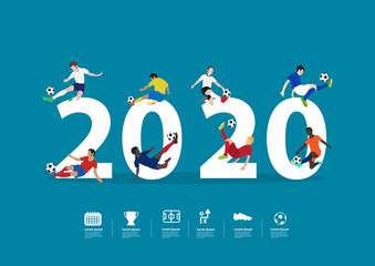 2020 new year soccer players in action on  flat big letters, Vector illustration layout template design