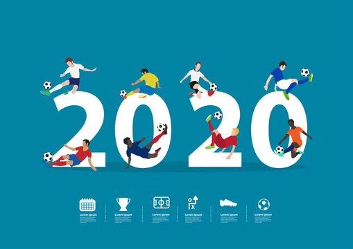 2020 new year soccer players in action on  flat big letters, Vector illustration layout template design