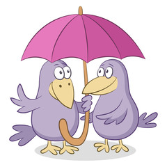 Cartoon Birds, Crows Friends Chatting Under a Pink Umbrella, Isolated on White Background. Vector
