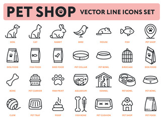 Pet Shop Vector Flat Line Icon Illustrations Set. Animals: Dog, Cat, Rabbit, Bird, Mouse, Fish. Food. Accessories: Collar, Bowl, Food, Bone, Carrier, Aquarium, Kennel, Clew, Tray, Poop, Cushion. 