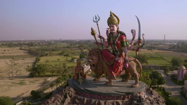Aerial view on Durga temple statue in Vrindavan, India  4k drone view