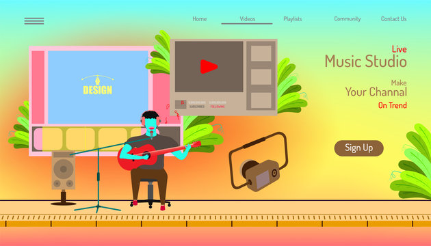 landing page website template. live music studio. make your channal on trend. video editor contents. beauty color background. vector illustration eps10