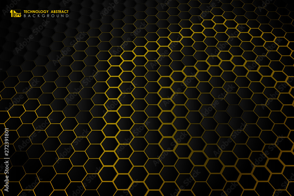 Poster abstract hexagonal futuristic technology gradient black pattern on yellow background. illustration v