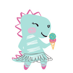 Dinosaur baby girl cute summer print. Sweet dino with sweet ice cream, ballet tutu, pointe shoes.