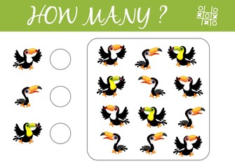 Counting game for preschool children. Educational a mathematical game. Count how many toucans and write the result