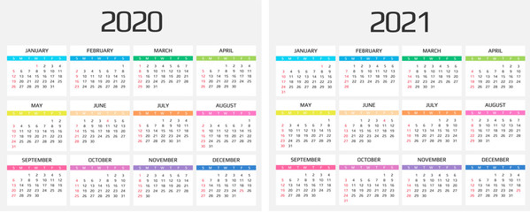 Calendar 2020 and 2021 template. 12 Months. include holiday event