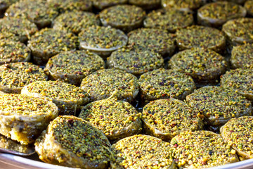 Traditional Turkish baklava sweets in the open buffet in a hotel in Turkey