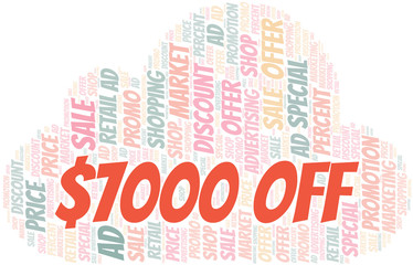 $7000 Off word cloud. Wordcloud made with text only.