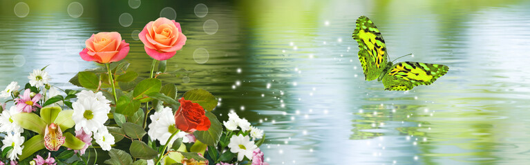 image of flowers and butterflies on water background