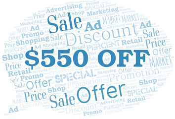 $550 Off word cloud. Wordcloud made with text only.