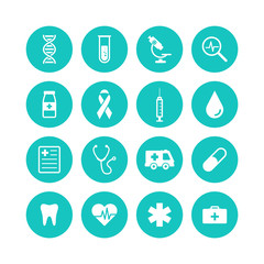 Healthcare and medical icons set. Vector illustration icons health, cross, dna, tablet. Collection modern icons infographic and medicine.