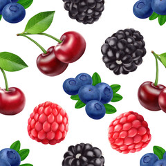 Blackberry blueberry cherry and raspberry seamless pattern. 3d realistic vector berries.