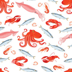 Modèle sans couture de fruits de mer sur fond blanc. Calmar, poulpe, sardines, homard, crabe, crevette. Illustration vectorielle dans un style plat de dessin animé.