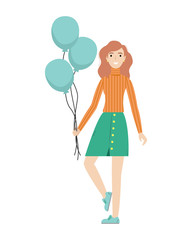Happy redhead girl with balloons in her hands. Congratulations on your birthday. Flat vector illustration