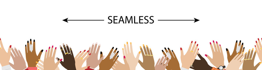 Set of female hands of different races with rings, bracelets, watches and manicure.