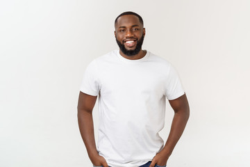 Natural Looking Smiling Young African American Male Model on Isolated Background.