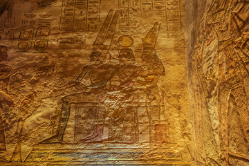 Amun, Ramesses and Nefertari sitting together in the Great Temple of Abu Simbel