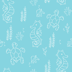 Pastel color jungle seamless sea pattern with seahorse and turtle and shells.