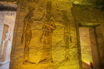 Nefertari together with Hathor and Isis, depicted  in the Small Temple of Abu Simbel