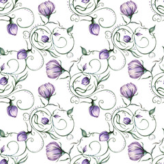 watercolor and pastel purple flowers and leaves in a vintage graphic pattern combined on a white seamless background, for use in design, textiles, wrapping paper, office supplies, wallpaper