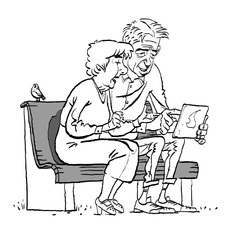 Elderly couple husband and wife sitting on couch watching tablet
